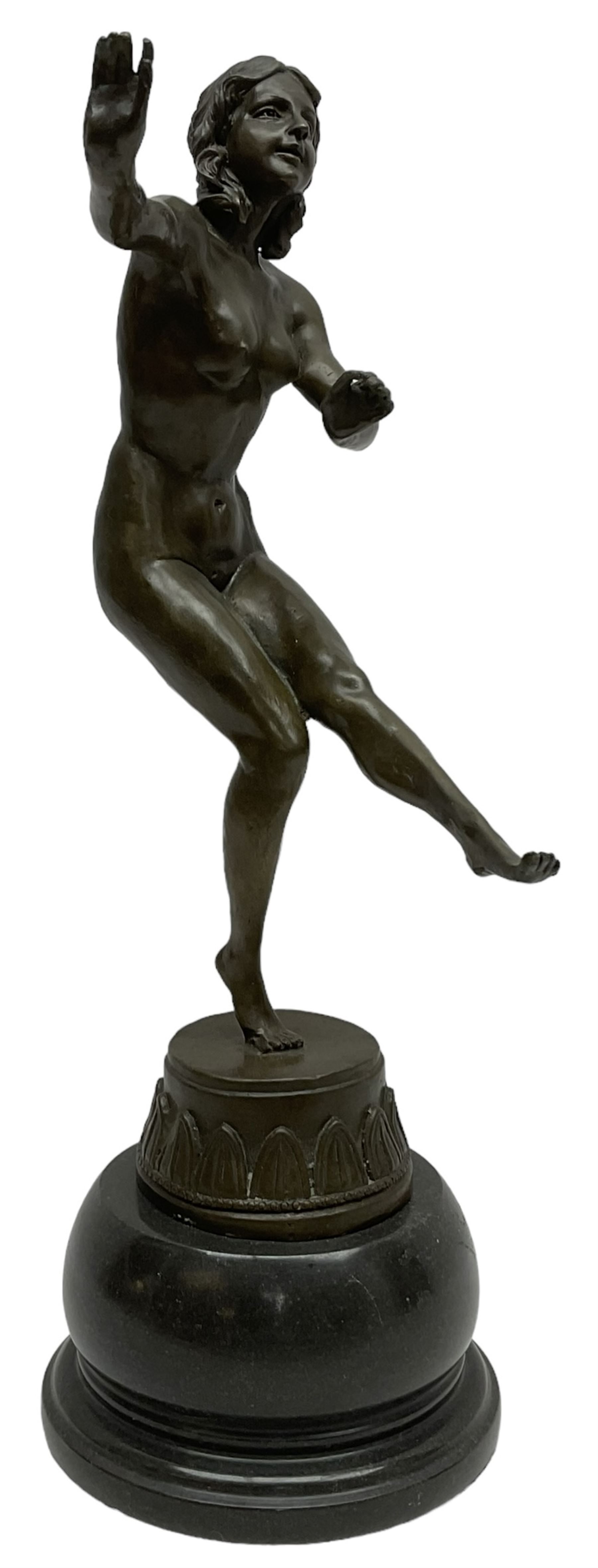 After Claire Jian Robertine Colinet (1880-1950); Art Deco style bronze, modelled as a dancing nude figure upon a marble base, H22cm