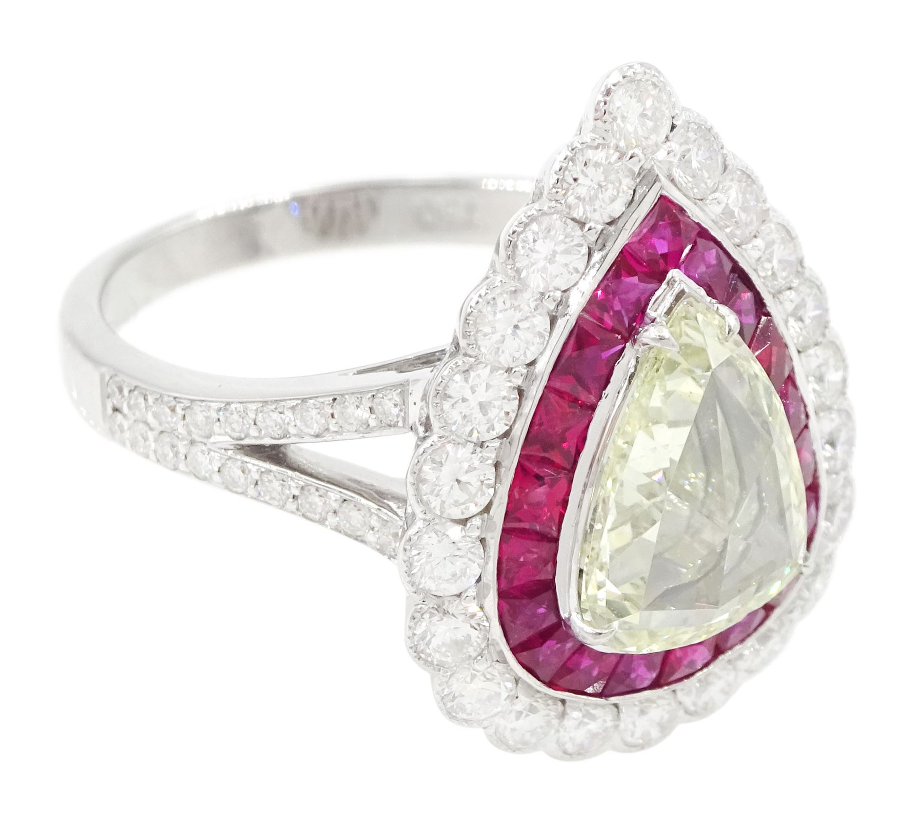 18ct white gold diamond and ruby cluster ring, the principal pear rose cut diamond of approx 1.30 carat, with calibre cut ruby and round brilliant cut diamond surround and diamond set shoulders, stamped 750, total ruby weight approx 1.40 carat, total round brilliant cut diamond weight approx 1.05 carat