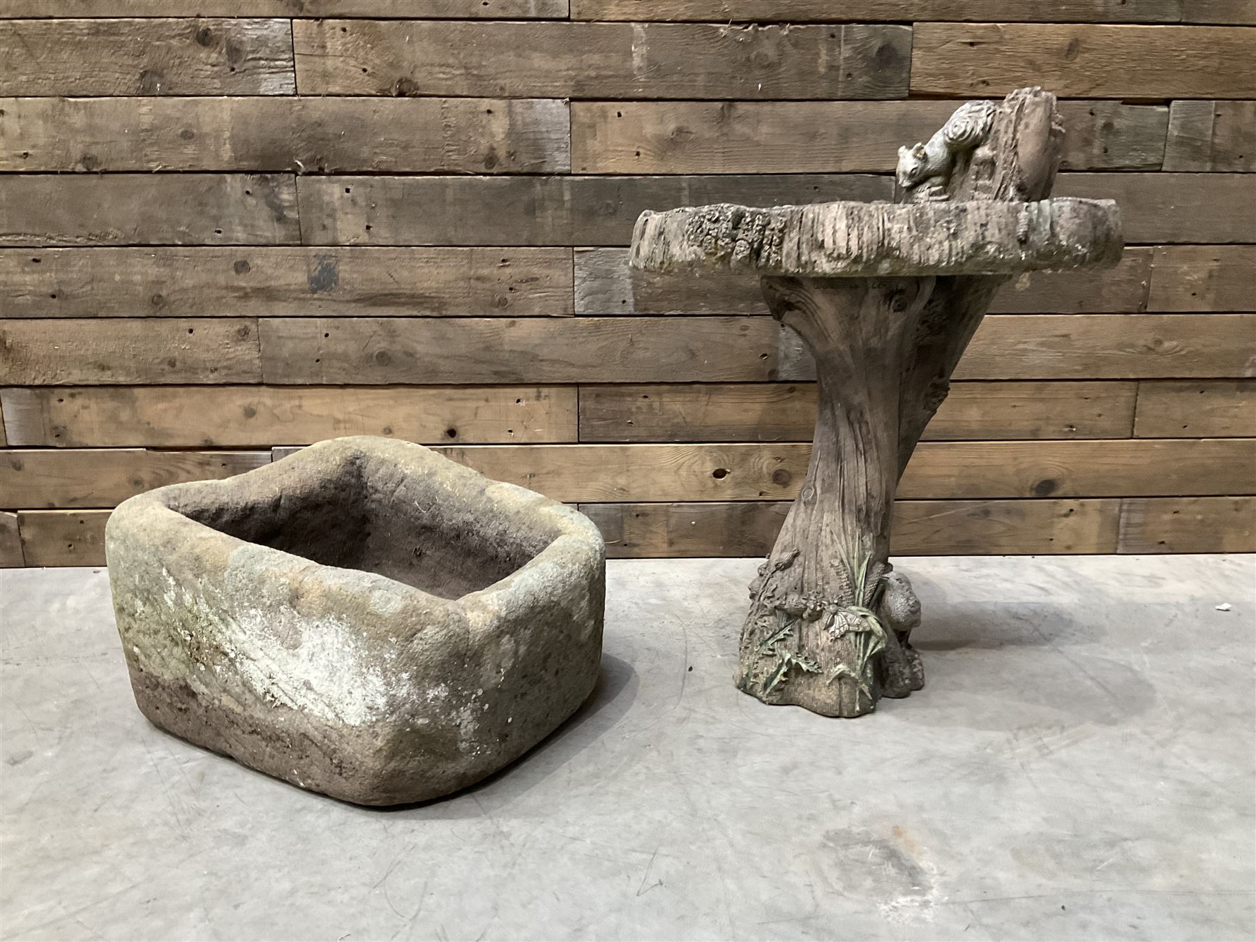 Small 19th century square stone trough and a cast stone bird bath