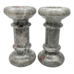 Pair of grey marble column candlesticks, H19cm 