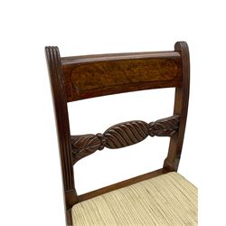 Georgian design set of six (6+2) mahogany dining chairs, the bar cresting rail inlaid with figured mahogany panel, shaped twist lobe carved middle rail with extending stylised leaf decoration, upholstered drop-in seat, on turned front supports 