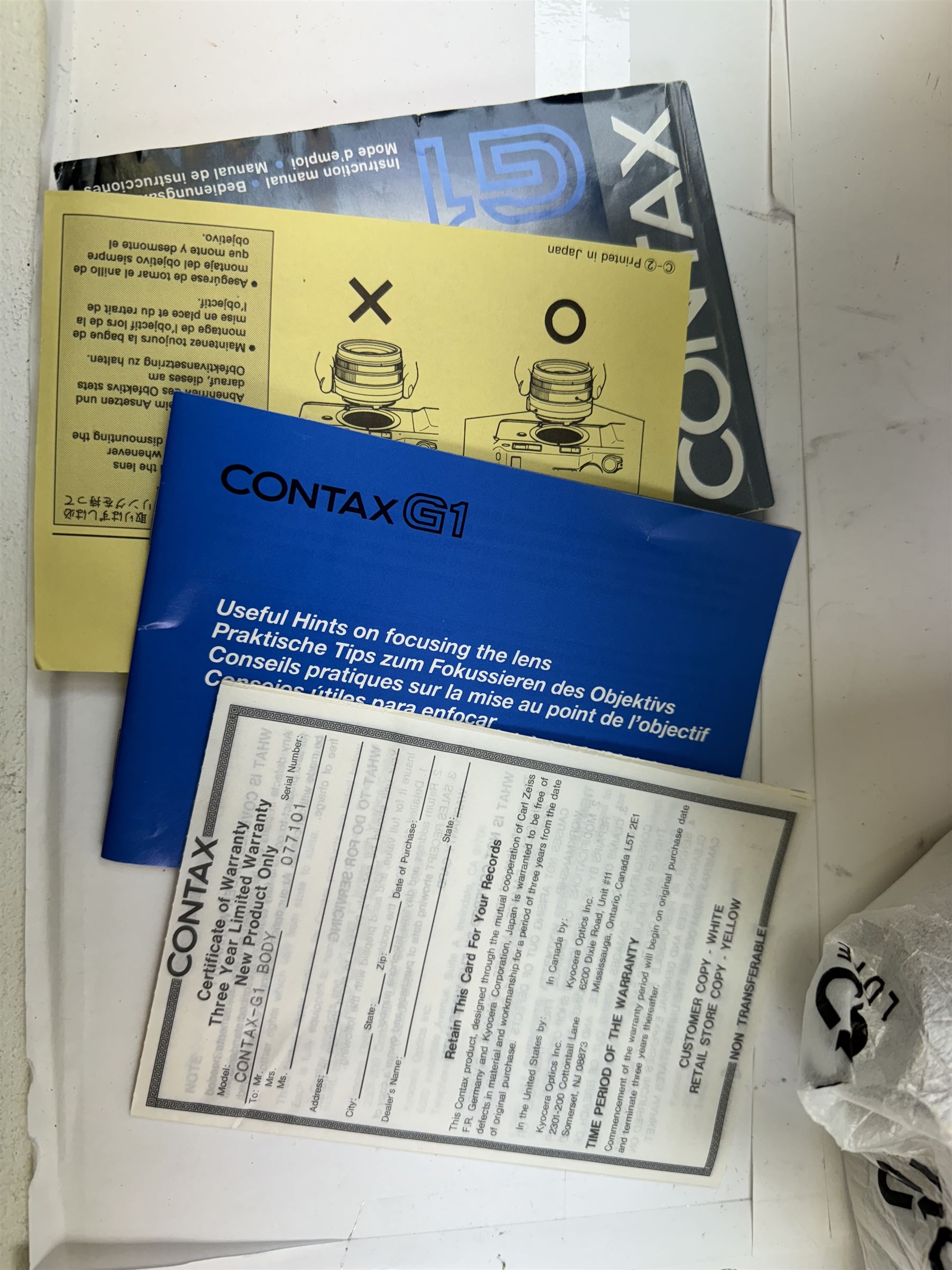 Contax G-1 rangefinder camera body, serial no. 077101, boxed with strap