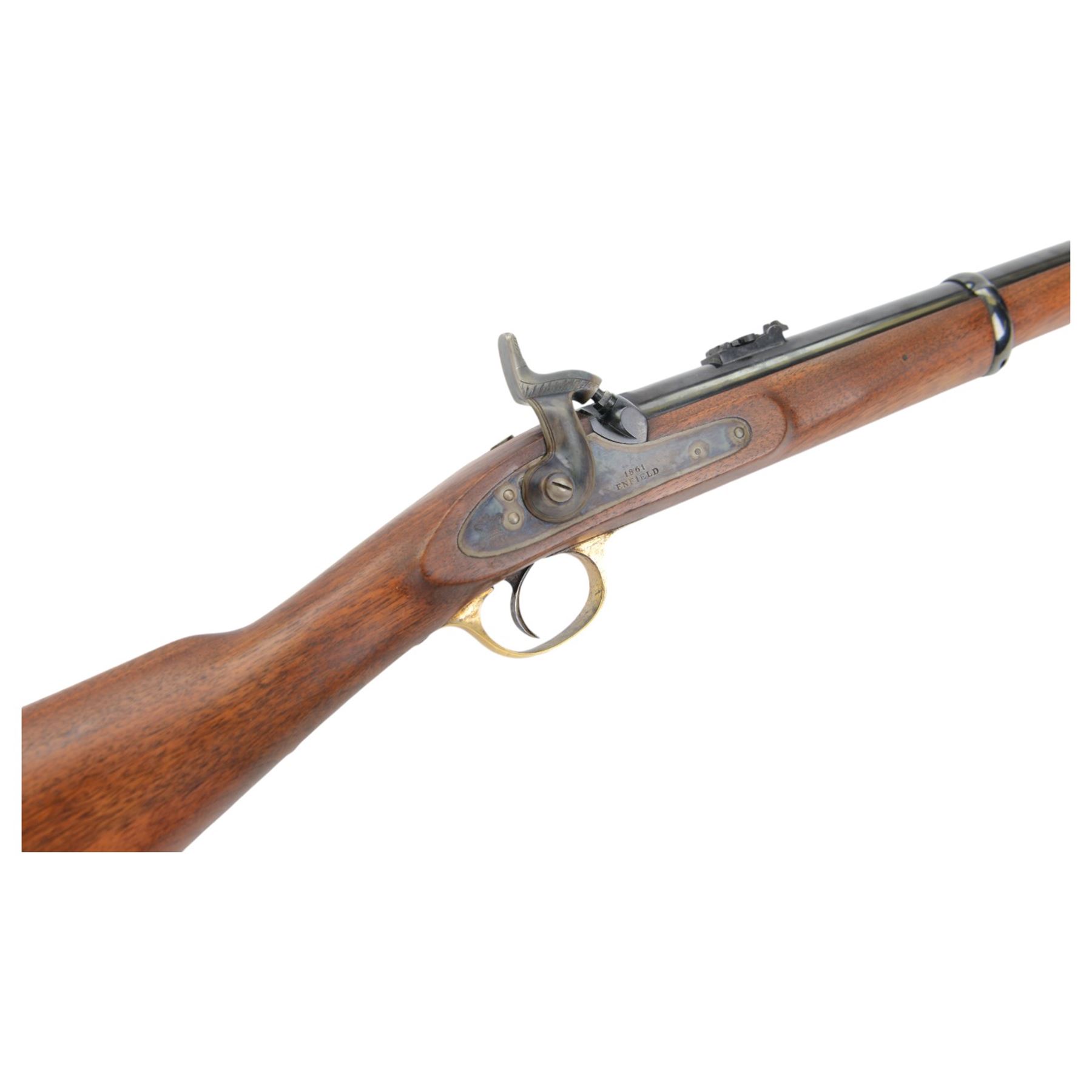 SECTION 1 FIREARMS CERTIFICATE REQUIRED -Parker Hale reproduction 1861 Enfield Musketoon,  the 60cm barrel marked Parker-Hale Ltd, Birmingham England, secured by two bands, the lock plate marked Enfield 1861, with crowned PH, full stock with ramrod under, overall L102cm, serial no. 2410 