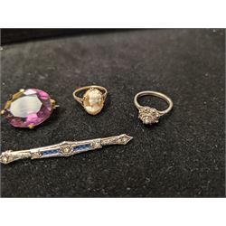 9ct gold cameo ring, silver paste set brooch, gold stone set stick pin. paste brooch and one other ring