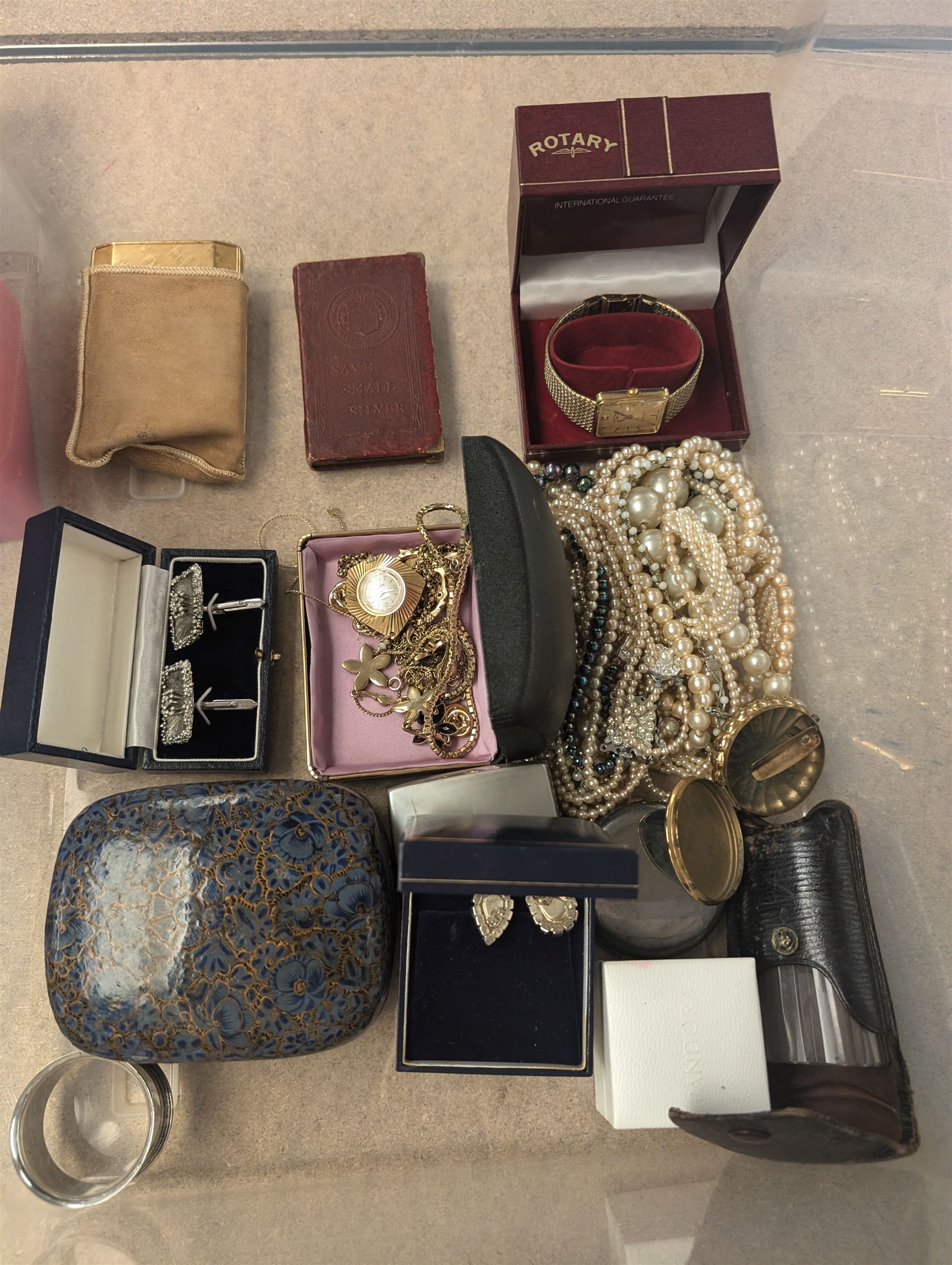 9ct gold stone set ring, silver-gilt stone set ring, wristwatch with miniature 9ct gold St Christopher attached to strap, Rotary wristwatch and a collection of costume jewellery and other collectables, including necklaces, earrings, etc 