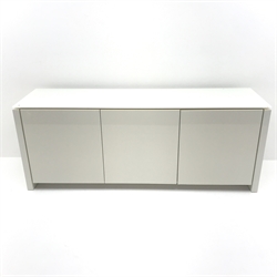  Calligaris gloss white sideboard, glass top, three cupboards enclosing glazed shelves, W193cm, H75cm, D52cm  