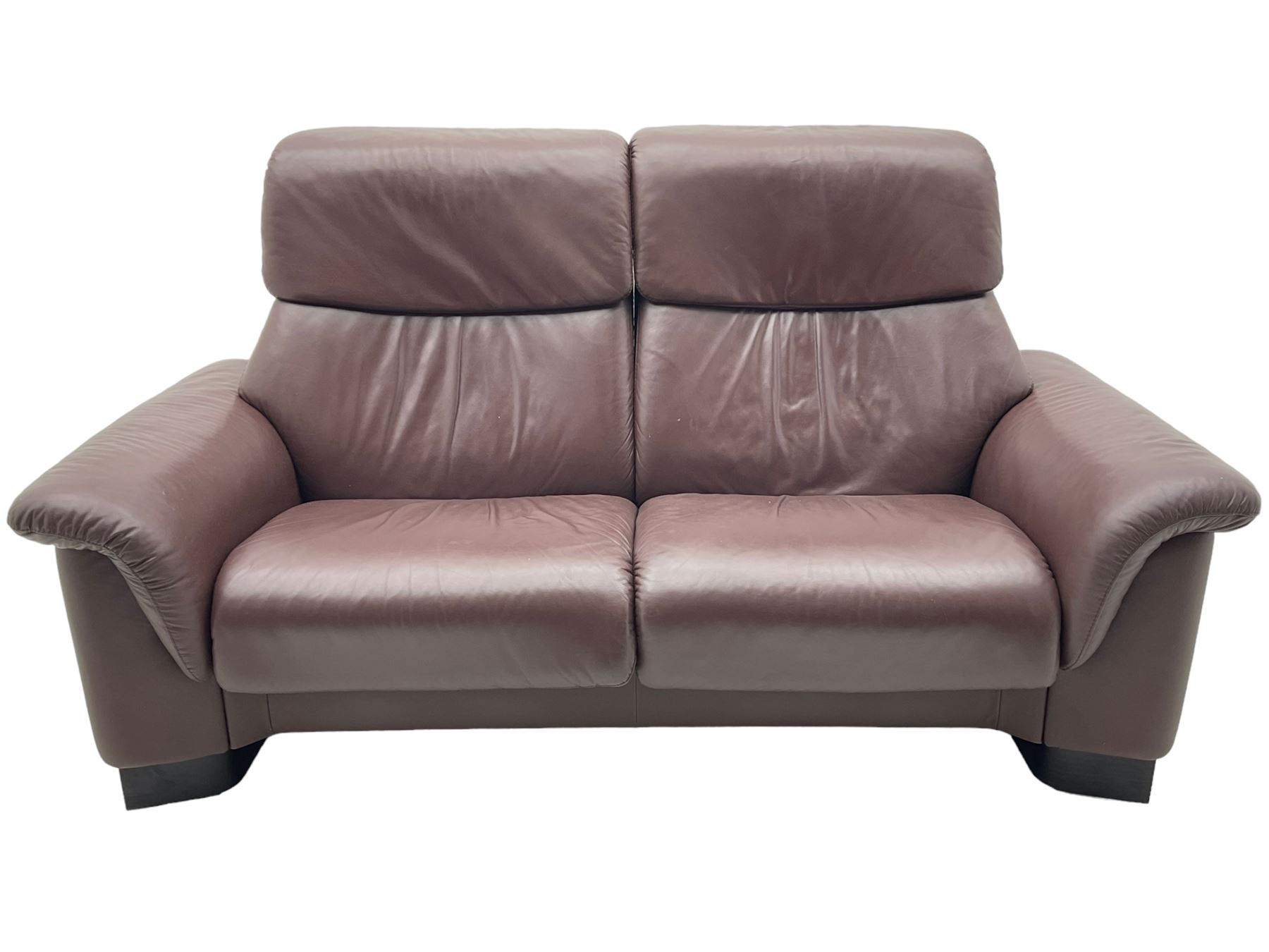 Ekornes Stressless - three-seat sofa upholstered in chocolate brown leather, with high backrests, cushioned headrests, and manual reclining mechanism (L248cm, D84cm, H102cm); with matching two-seat sofa (L184cm, D84cm, H102cm)