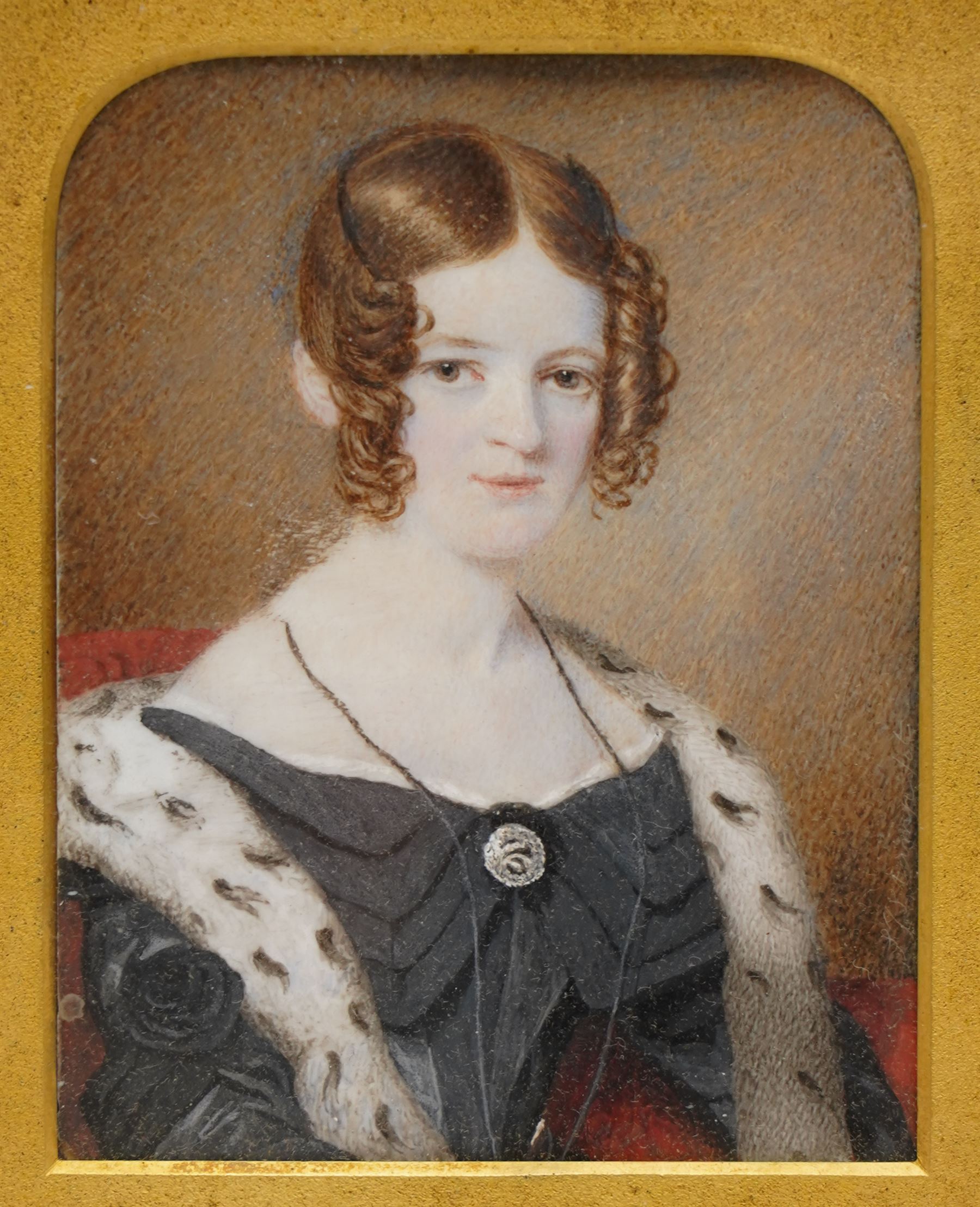 Samuel John Stump (British 1778-1863): Portrait of 'Sarah Isabella Stephenson 1818-1880' wearing a black dress with ermine stole, miniature watercolour on ivory signed, inscribed with artists address verso, in ornate 19th century gilt frame 9cm x 7cm. This item has been registered for sale under Section 10 of the APHA Ivory Act