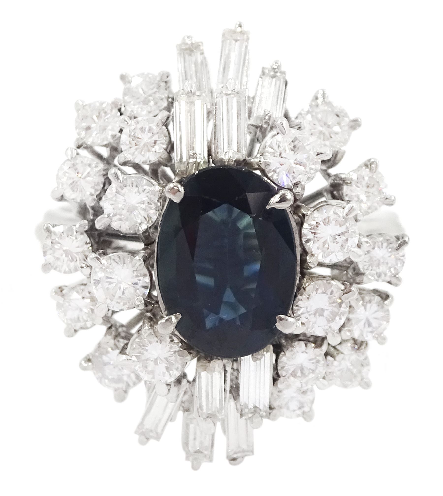 18ct white gold oval cut sapphire, baguette cut and round brilliant cut diamond cluster ring, sapphire approx 1.70 carat, total diamond weight approx 1.90 carat