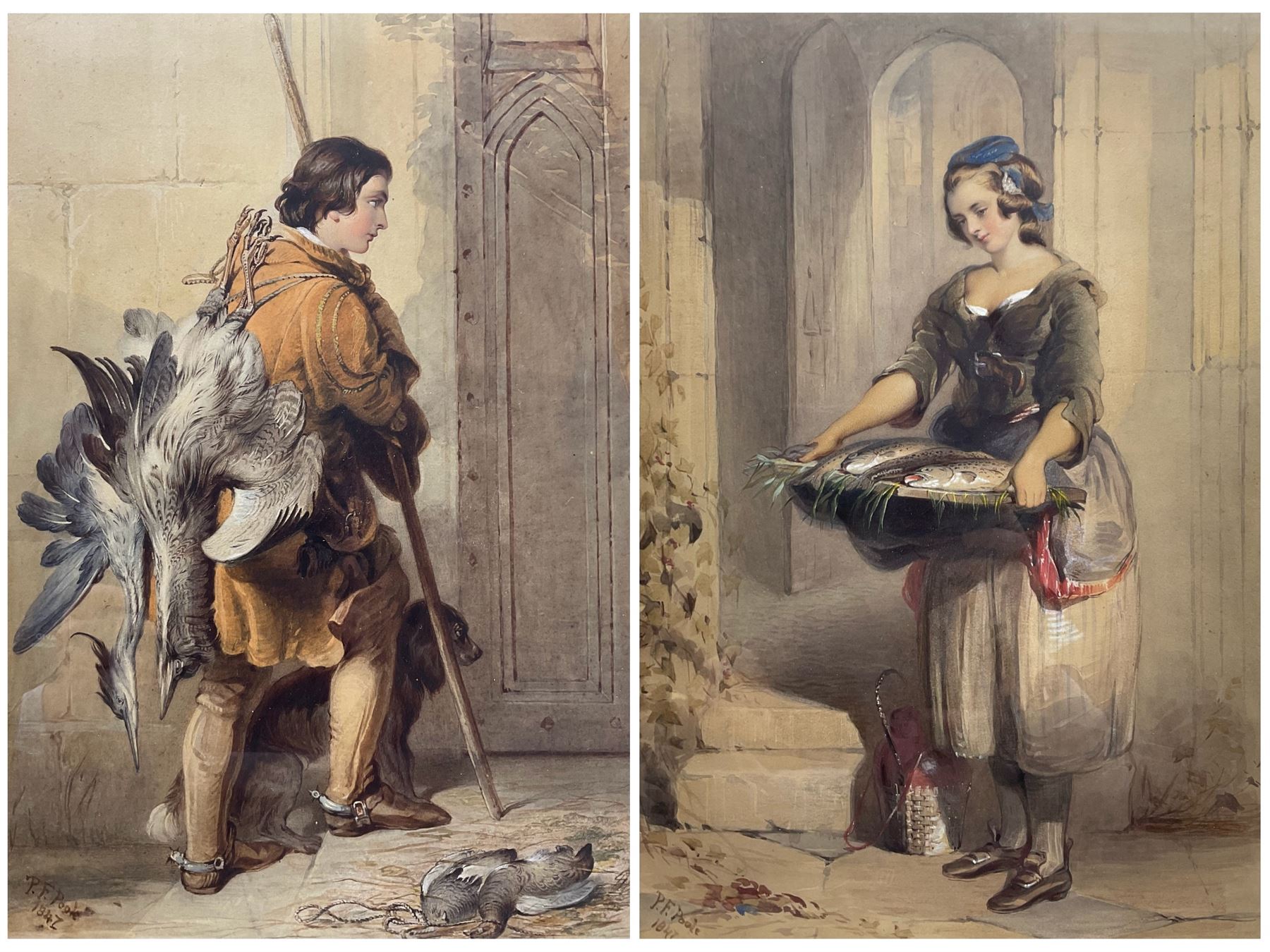 Paul Falconer Poole RA (British 1807-1879): 'The Day's Catch' and 'The Day's Bag', pair watercolours signed and dated 1847, titled on label verso 41cm x 28cm (2)