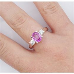 18ct white gold three stone oval cut pink sapphire and round brilliant cut diamond ring, hallmarked, sapphire 1.50 carat, with World Gemological Institute report