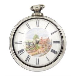 Victorian silver pair cased pocket watch No. 5402, , enamel polychrome dial depicting a pl...