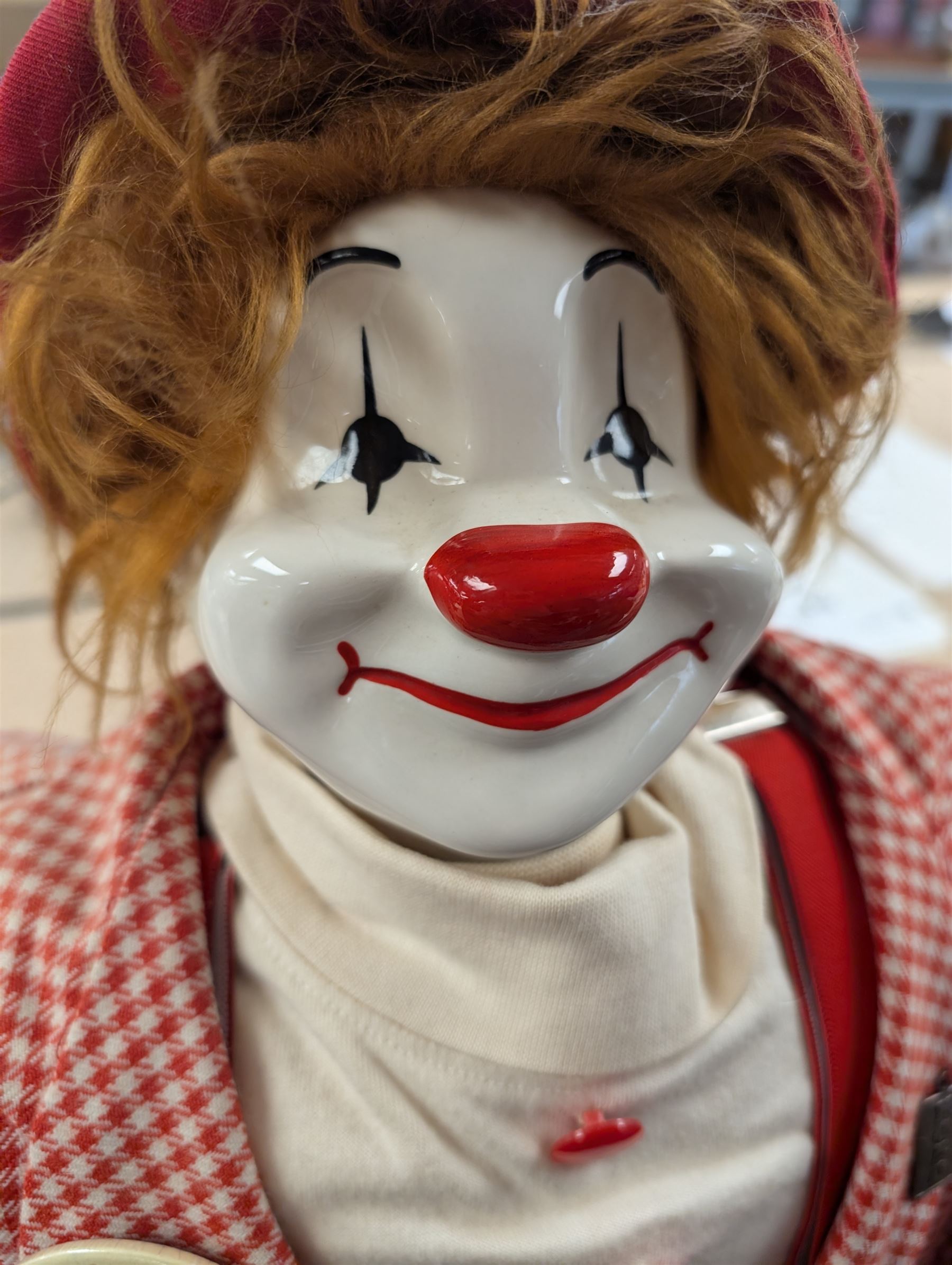 Hobo Designs large clown figure, with ceramic head and soft body, H90cm