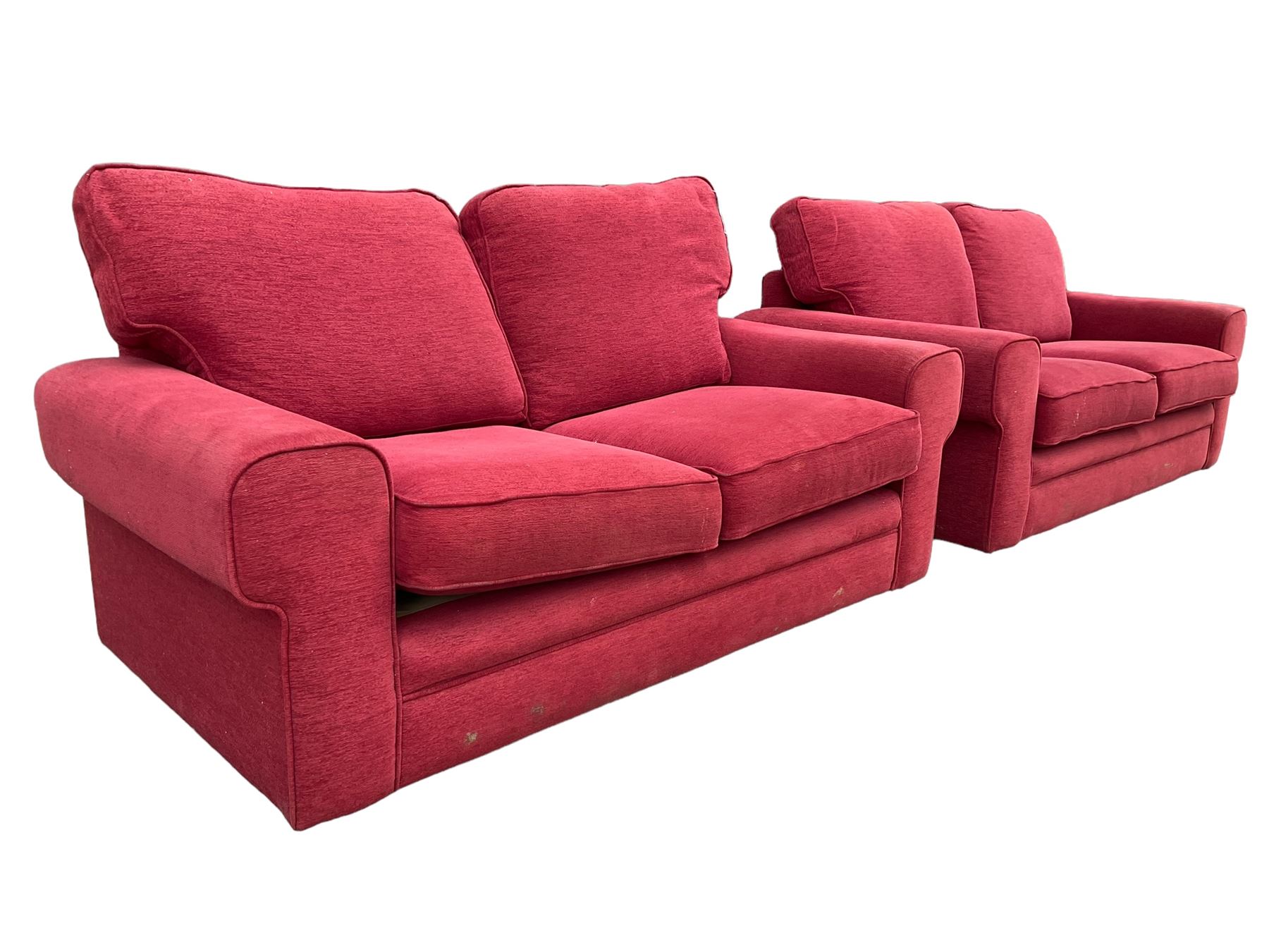 Pair of two seat sofas, upholstered in red fabric