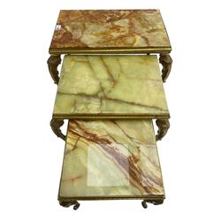 Mid-20th century Italian design onyx and gilt metal nest of three tables, rectangular tops raised on foliate decorated cabriole supports