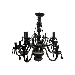 Two classical black glass fourteen branch chandeliers