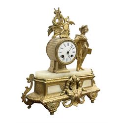French - mid 19th century 8-day mantle clock with a gilt spelter case and alabaster panels, drum cased movement and figure of an 18th century gallant to the side, white enamel dial with Roman numerals and moon hands, rack striking movement sounding the hours and half-hours on a bell.  With pendulum.