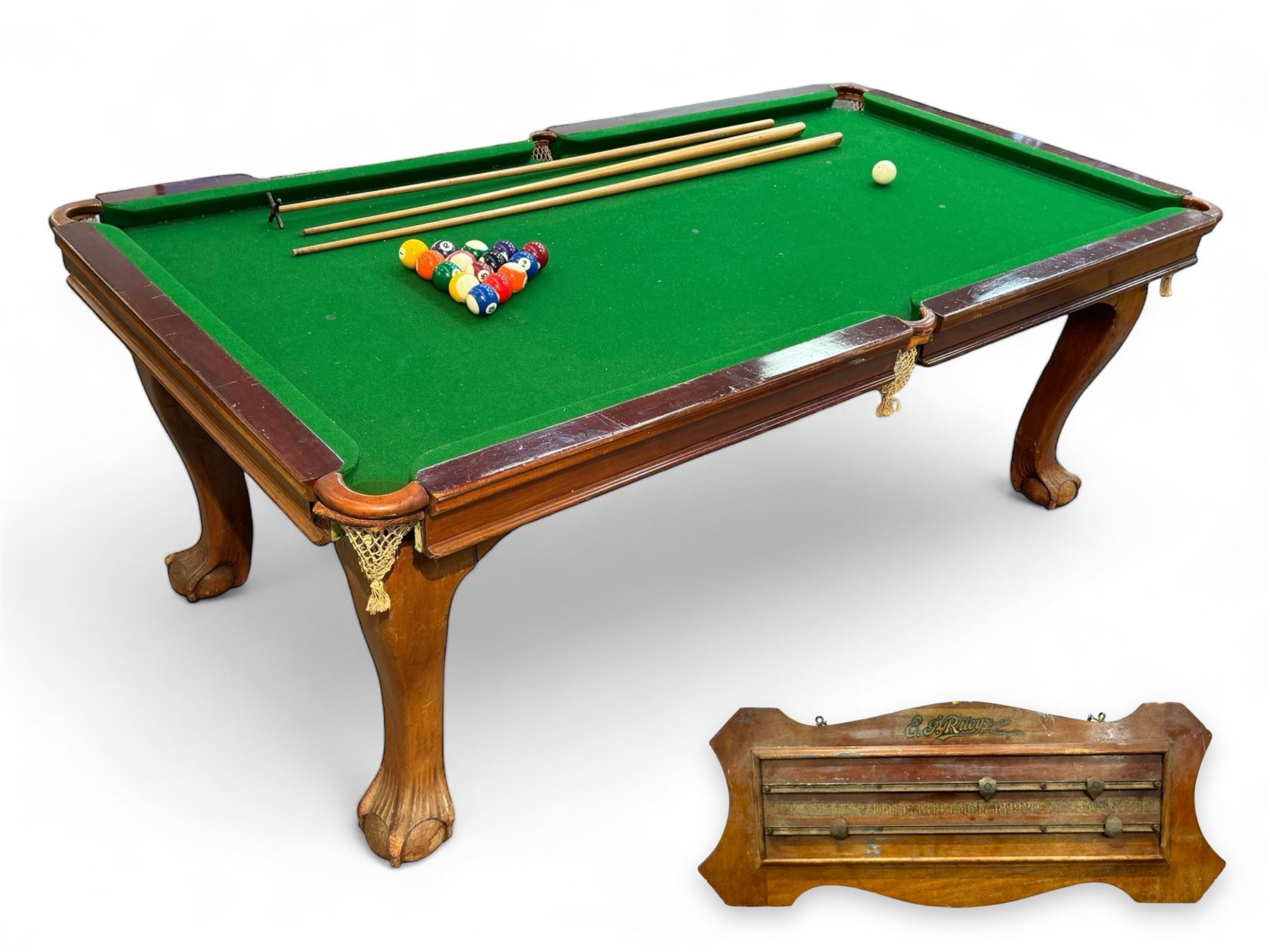 Riley - mahogany slate bed snooker dining table, green baize playing surface fitted with leather net pockets, raised on cabriole supports ending in ball and claw feet; together with set of Riley cues, balls and scoreboard