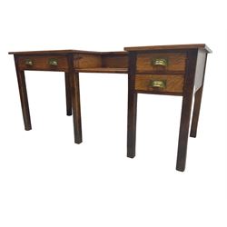 Early 20th century oak clerks desk, fitted with drop centre and drawers, on square supports