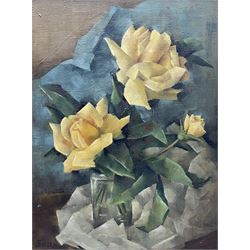 Ellen Soar (Mid 20th century): 'Yellow Roses' still life in the Cubist style, oil on canvas signed, titled verso with artist's address '77 Downs Hill, Beckenham, Kent' 39cm x 29cm
Provenance: exh. Society of Women Artists at The Royal Institute, Piccadilly (1948-1969)