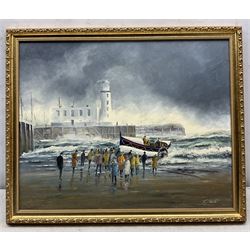 Robert Sheader (British 20th Century): Lifeboat on Scarborough Shores, oil on board signed 39cm x 49cm