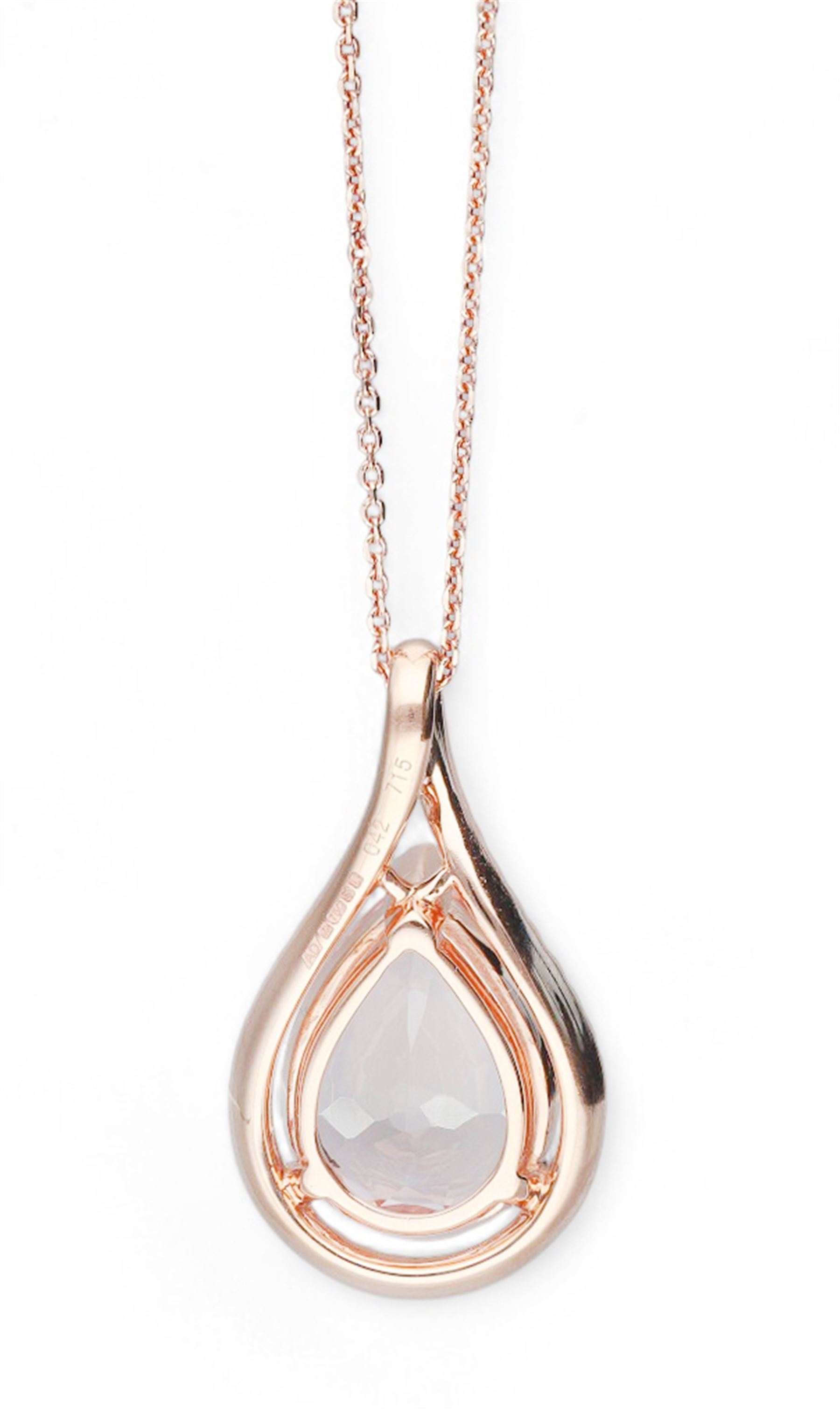 18ct rose gold pear cut morganite and round brilliant cut diamond cluster pendant, hallmarked, on 18ct rose gold chain necklace, morganite 7.15 carat, total diamond weight 0.42 carat