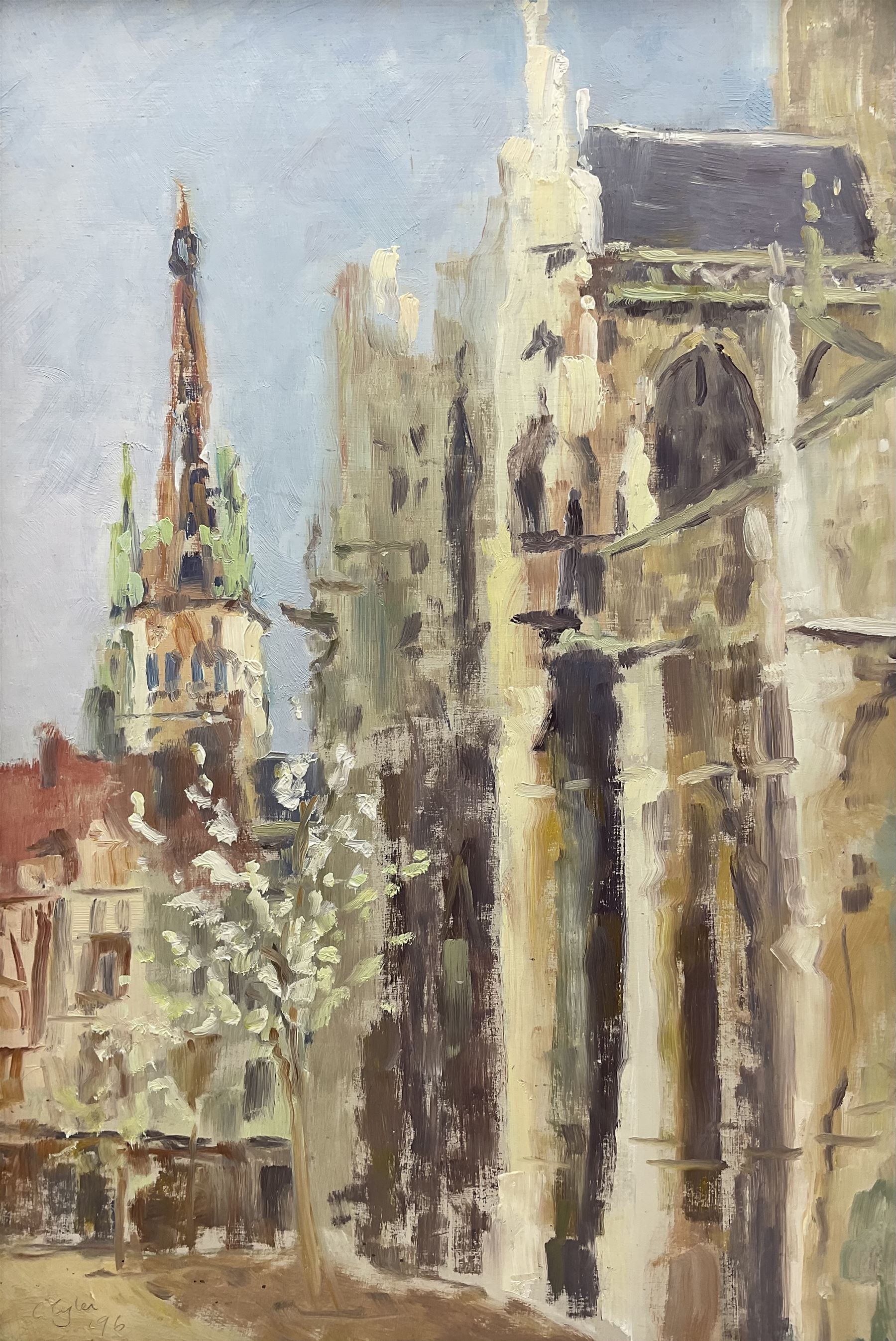 Catherine Tyler (British 1949-): 'Rouen Cathedral from St Maclou Church', oil on panel signed and dated '96, titled verso 47cm x 32cm