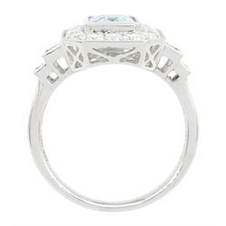 Platinum aquamarine and diamond cluster ring, emerald cut aquamarine of approx 1.40 carat, with milgrain set round brilliant cut diamond surround, each side set with two baguette cut diamonds, hallmarked, total diamond weight approx 1.10 carat