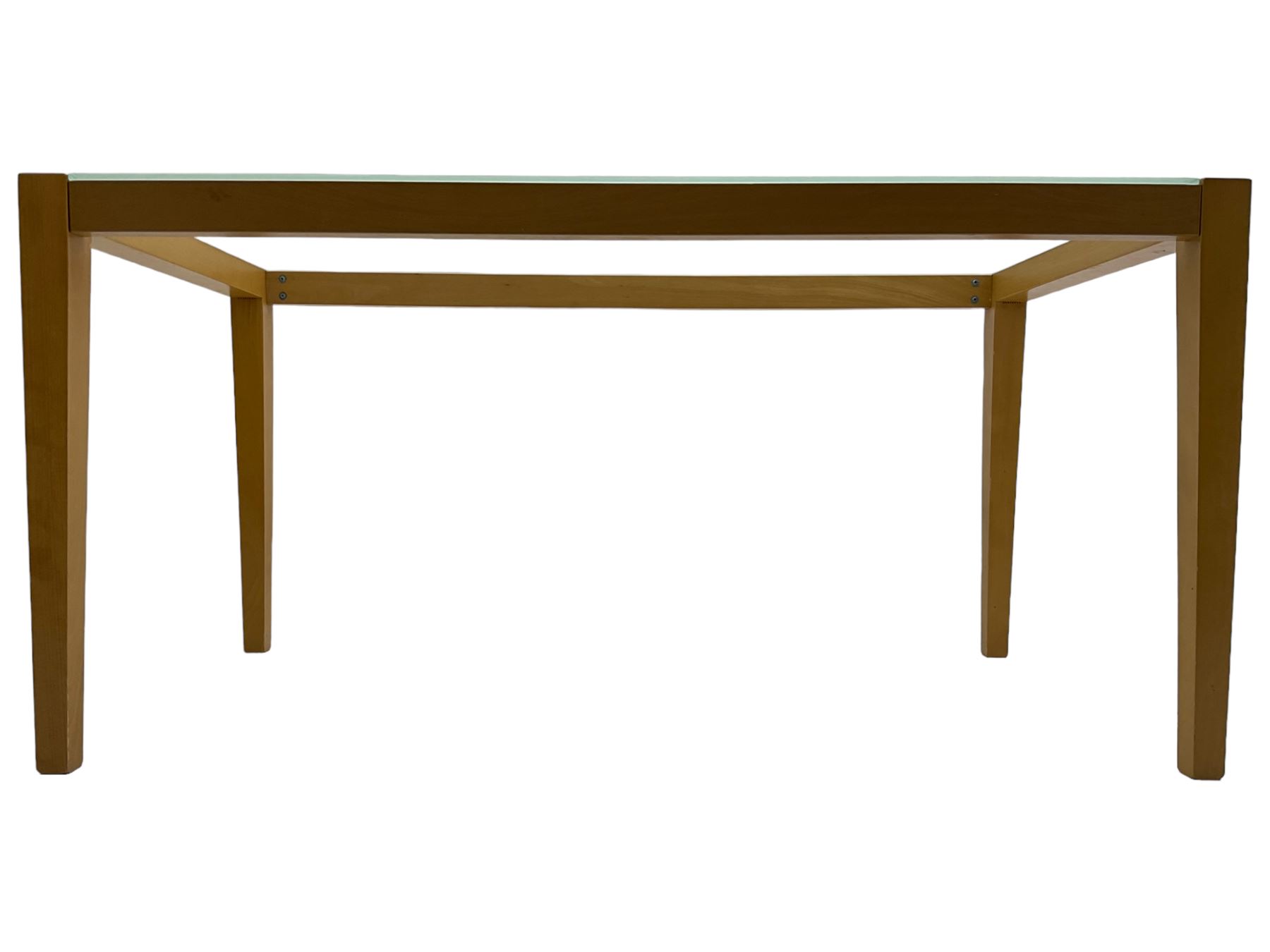 Contemporary beech framed dining table, rectangular frosted glass top on beech frame, square tapering supports