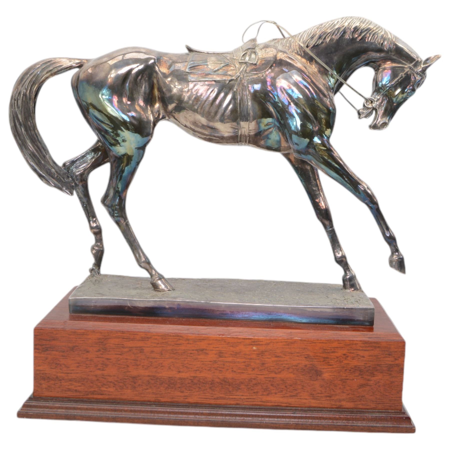 'The Freestone Stanley Lincoln Handicap Trophy, Doncaster Racecourse March 22nd 2003' - Silver filled model of a racehorse H32cm x W42cm on a mahogany plinth with silver plaque Sheffield 2003 Maker Laurence R Watson & Co.