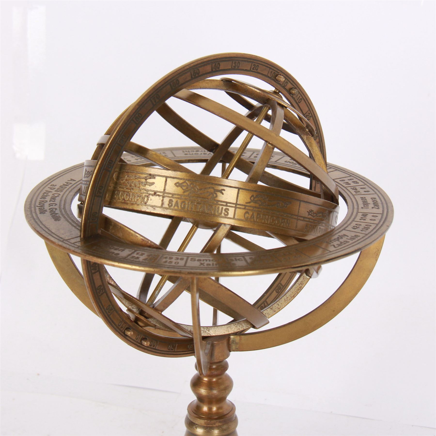 Brass table top globe armillary sphere, H26cm