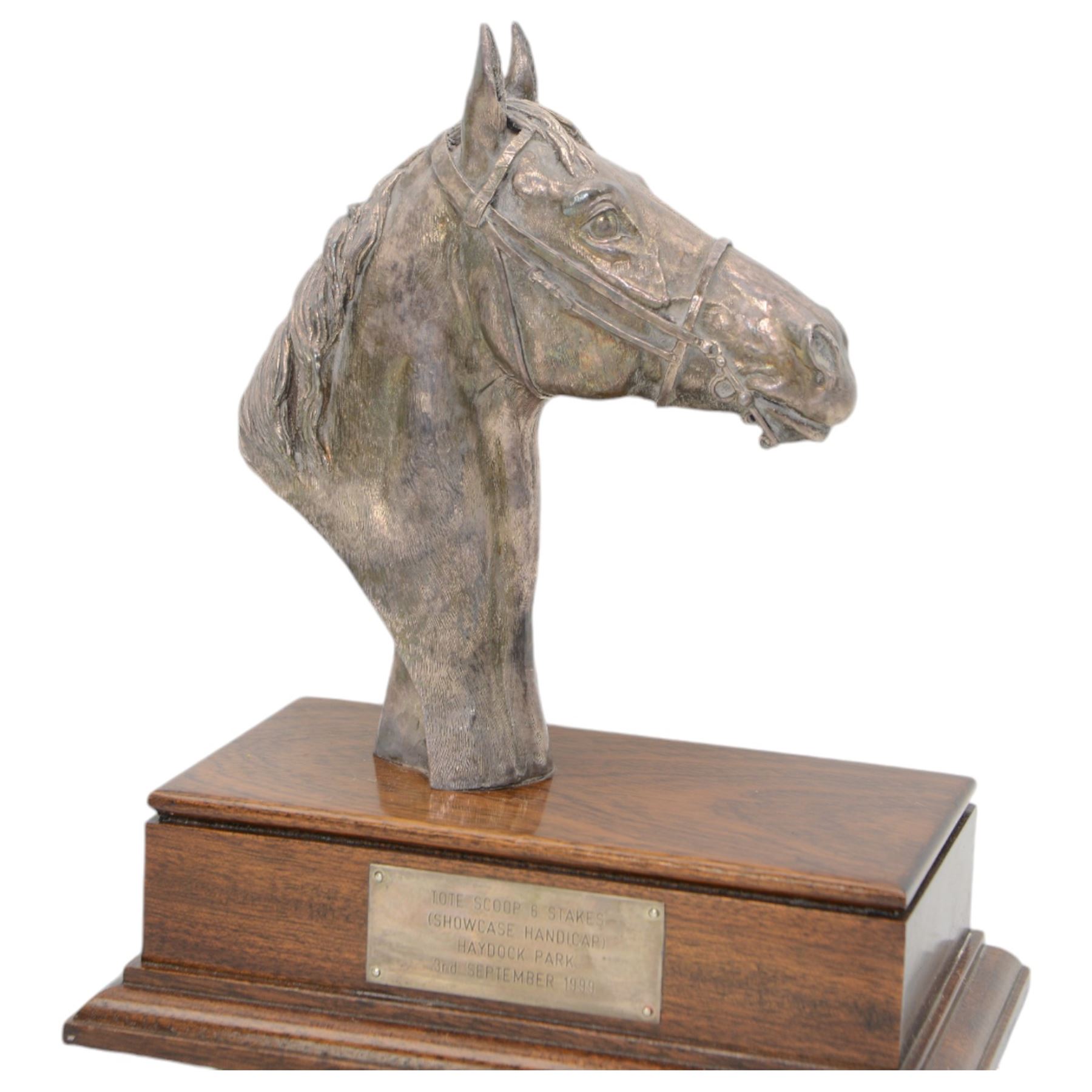 'Tote Scoop 6 Stakes Haydock Park 3rd September 1999' - Silver filled model of a horses head on a mahogany plinth H20cm x W18cm Sheffield 1999 Maker Camelot Silverware Ltd