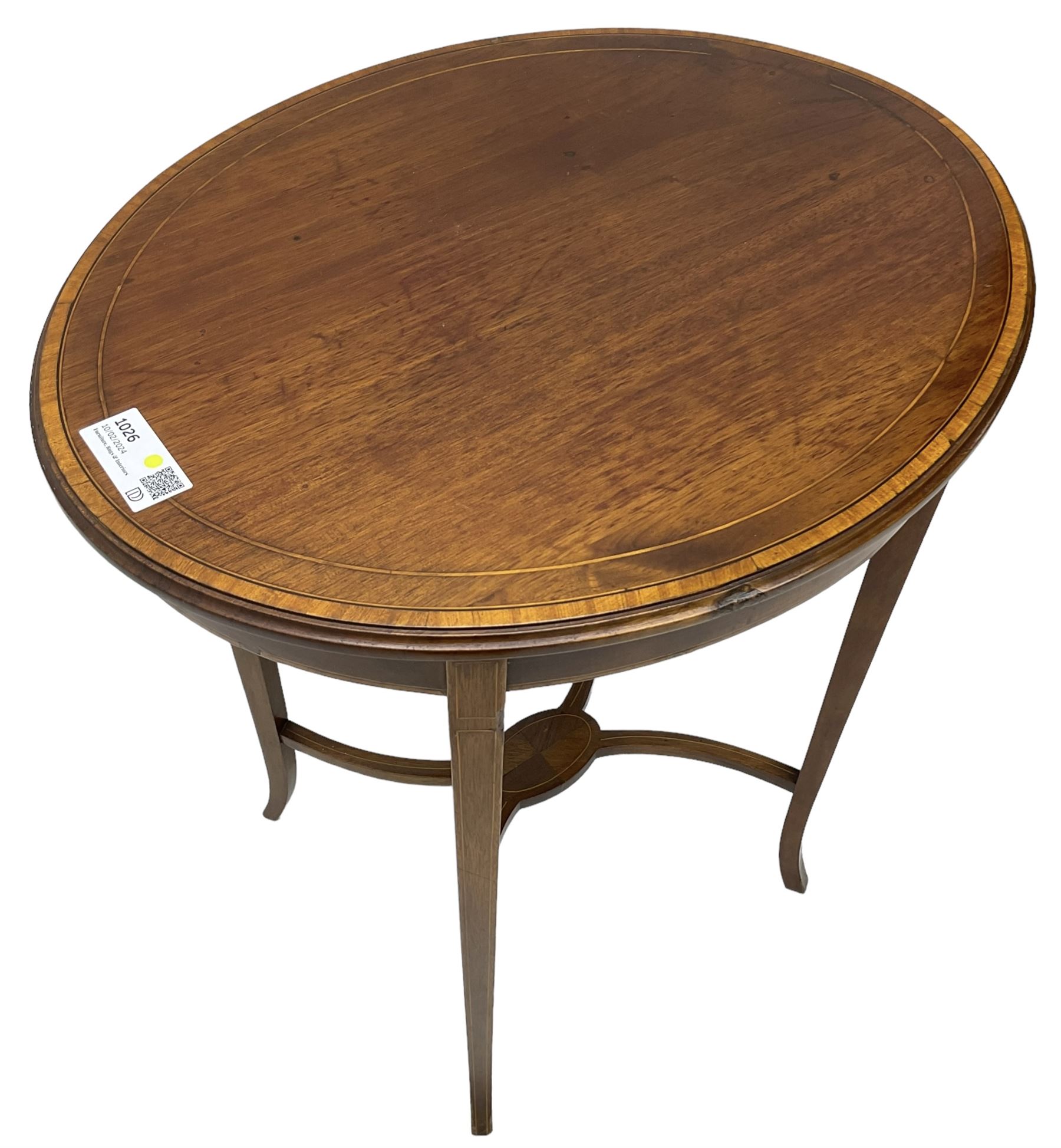 Edwardian inlaid mahogany centre table, oval moulded top with satinwood banding, on square tapering supports united by curved X-framed stretchers 