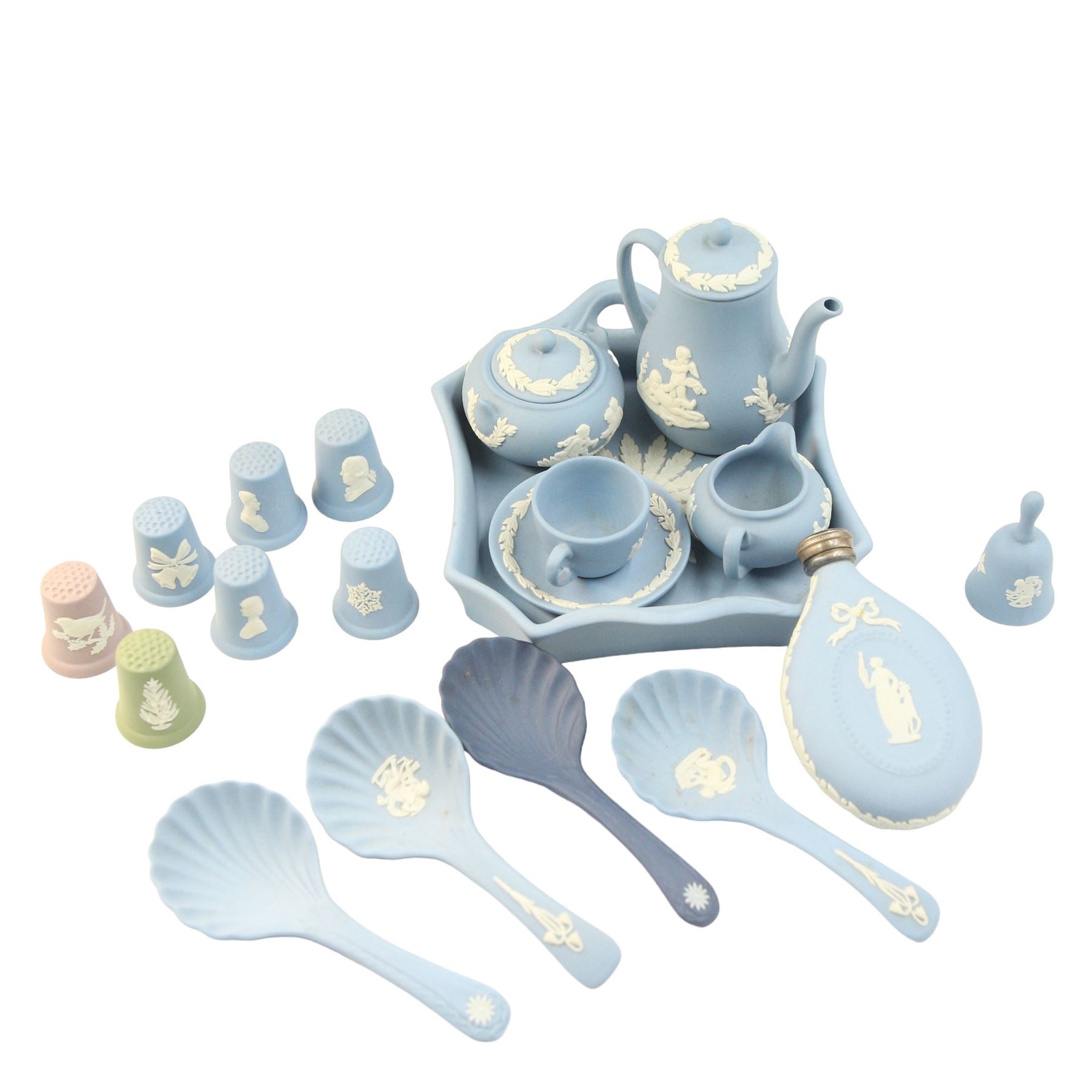 Wedgwood Jasperware miniature tea set for one, on a matched tray, oval scent bottle with silver cover, four caddy spoons, miniature bell, seven thimbles, together with a cased pair of portrait medallions of Josiah Wedgwood FRS and Thomas Bentley 