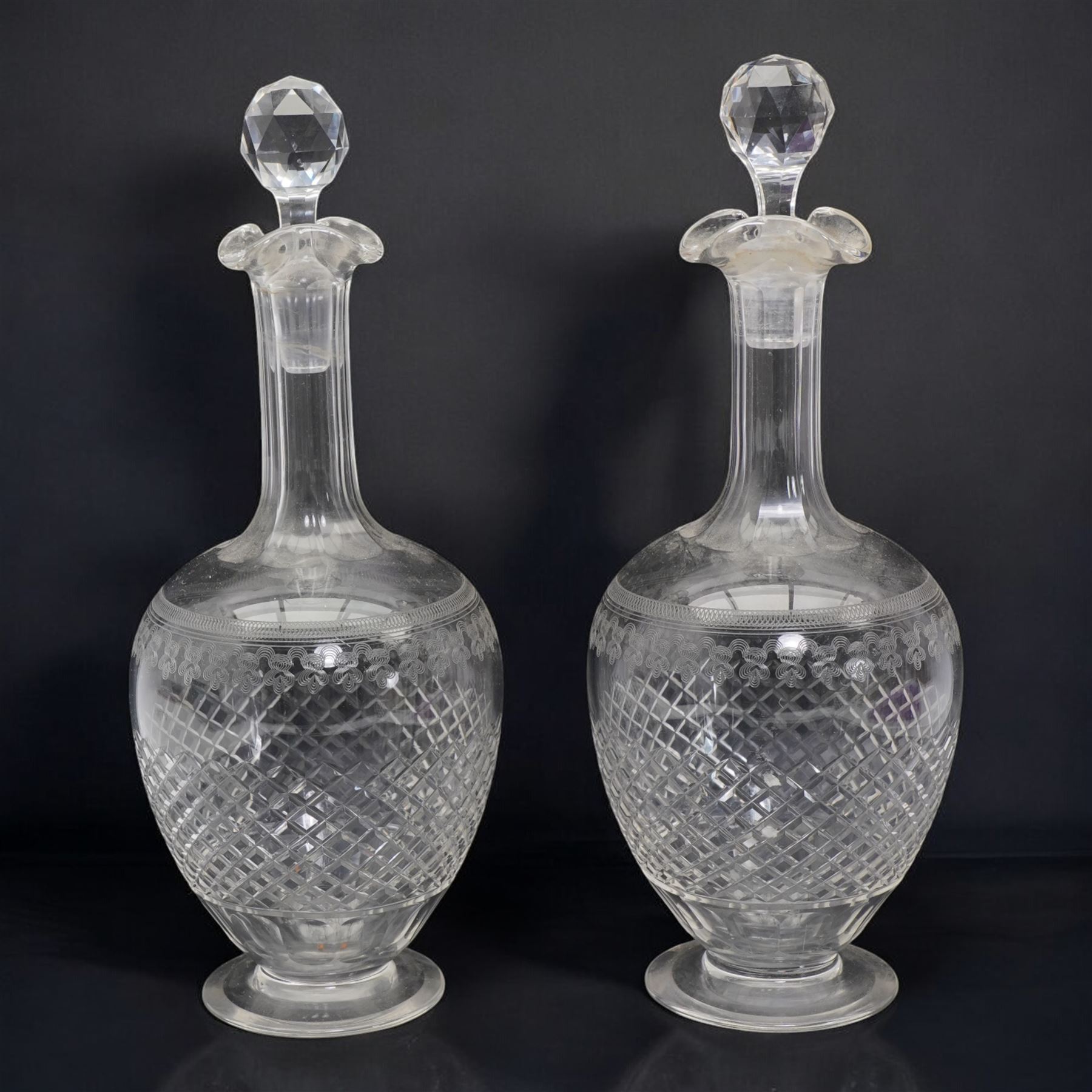 Pair Victorian cut and etched decanters, H30cm