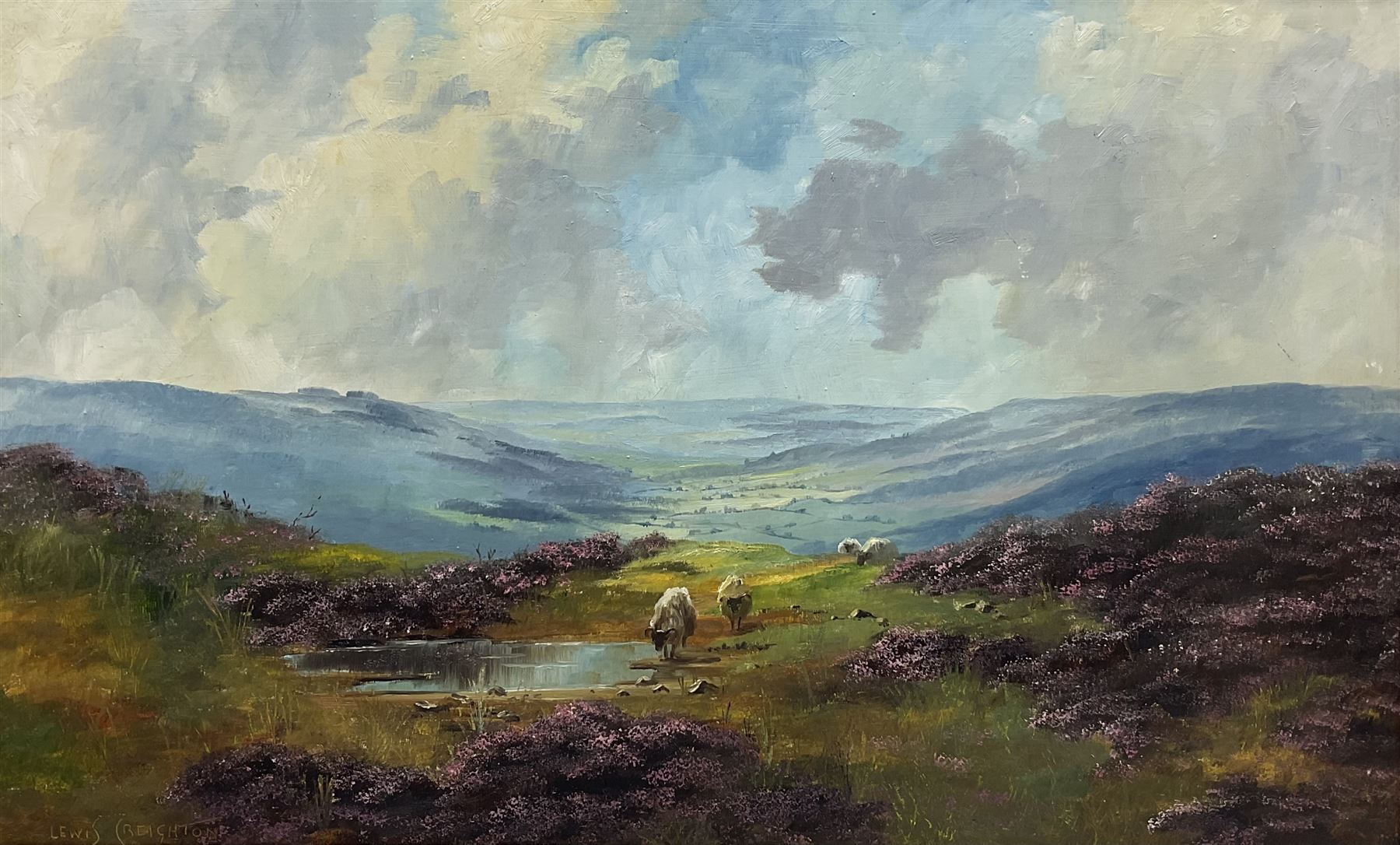 Lewis Creighton (British 1918-1996): Rams in a Heather Moorland Landscape, oil on board signed 52cm x 85cm 