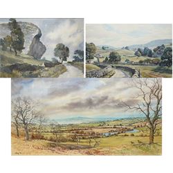 Walter Cecil Horsnell (British 1911-1997): 'Landscape Between Burnsall & Hebden Showing Burnsall Fell', watercolour signed, titled verso; George 'Griff' Griffiths (British 1939-2017): Expansive Landscape, watercolour signed; together with a similar watercolour of Brimham Rocks max 35cm x 68cm (3)