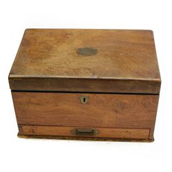 Edwardian oak stationary box, with brass escutcheon and oval cartouche to hinged lid, with...