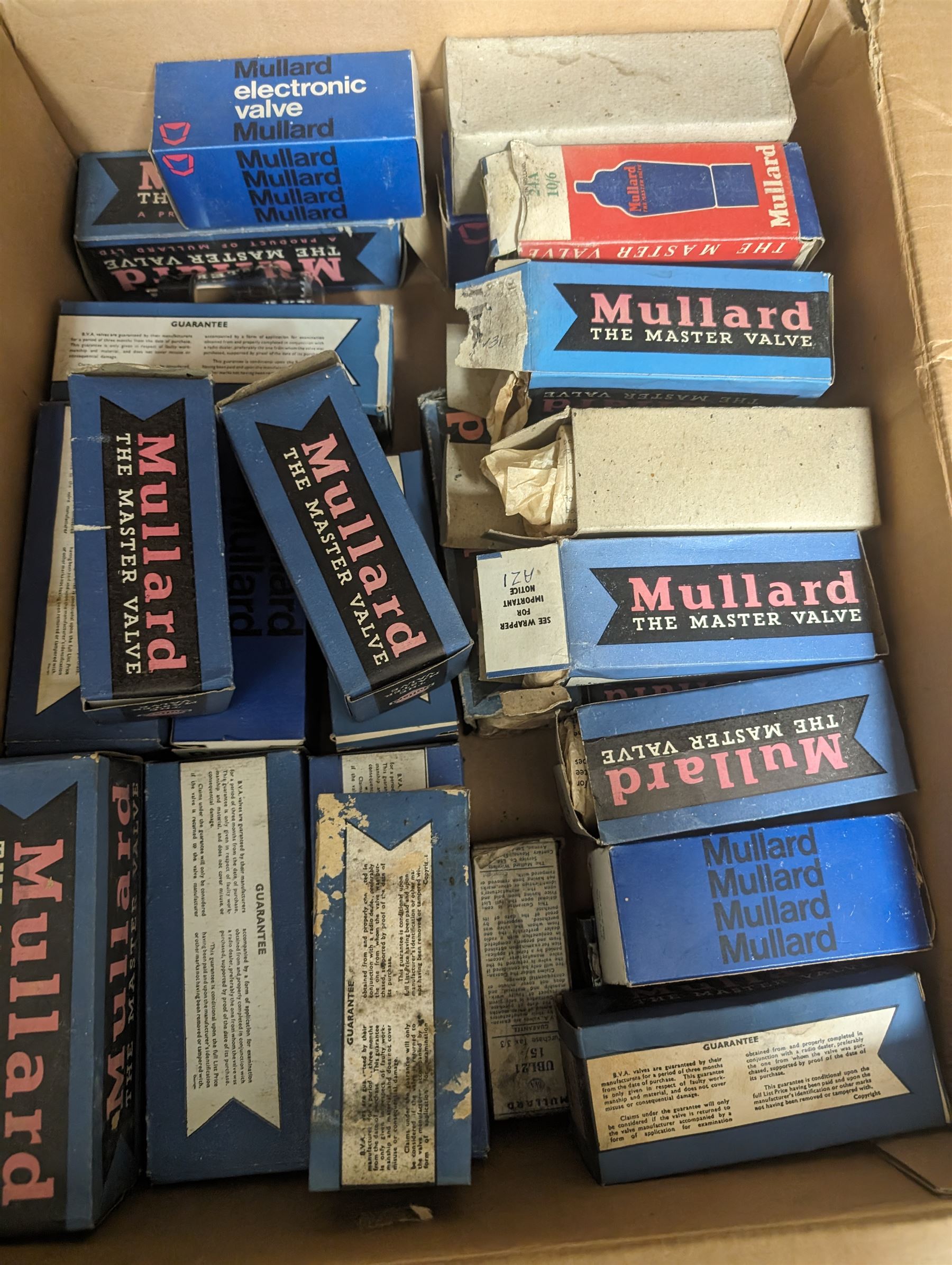 Large collection of thermionic valves/vacuum tubes, including Phillips, Osram and Mullard examples, mostly boxed 