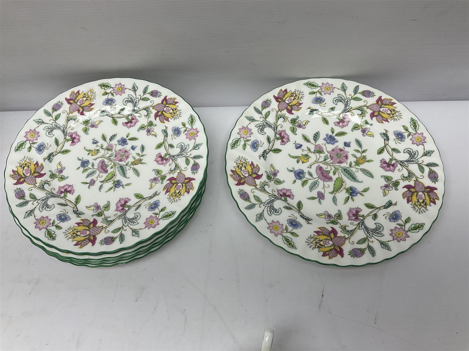 Minton Haddon Hall part tea and dinner service, including six cups and saucers, six dinner plates, six side plates, six twin handled bowls and saucers etc (44) 