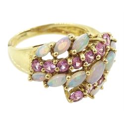 9ct gold five row marquise cut opal and pink sapphire ring, hallmarked