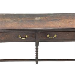 18th century oak dresser base, rectangular top, fitted with two drawers with moulded facia edges and brass swan neck handles, raised on turned front supports united by stretchers