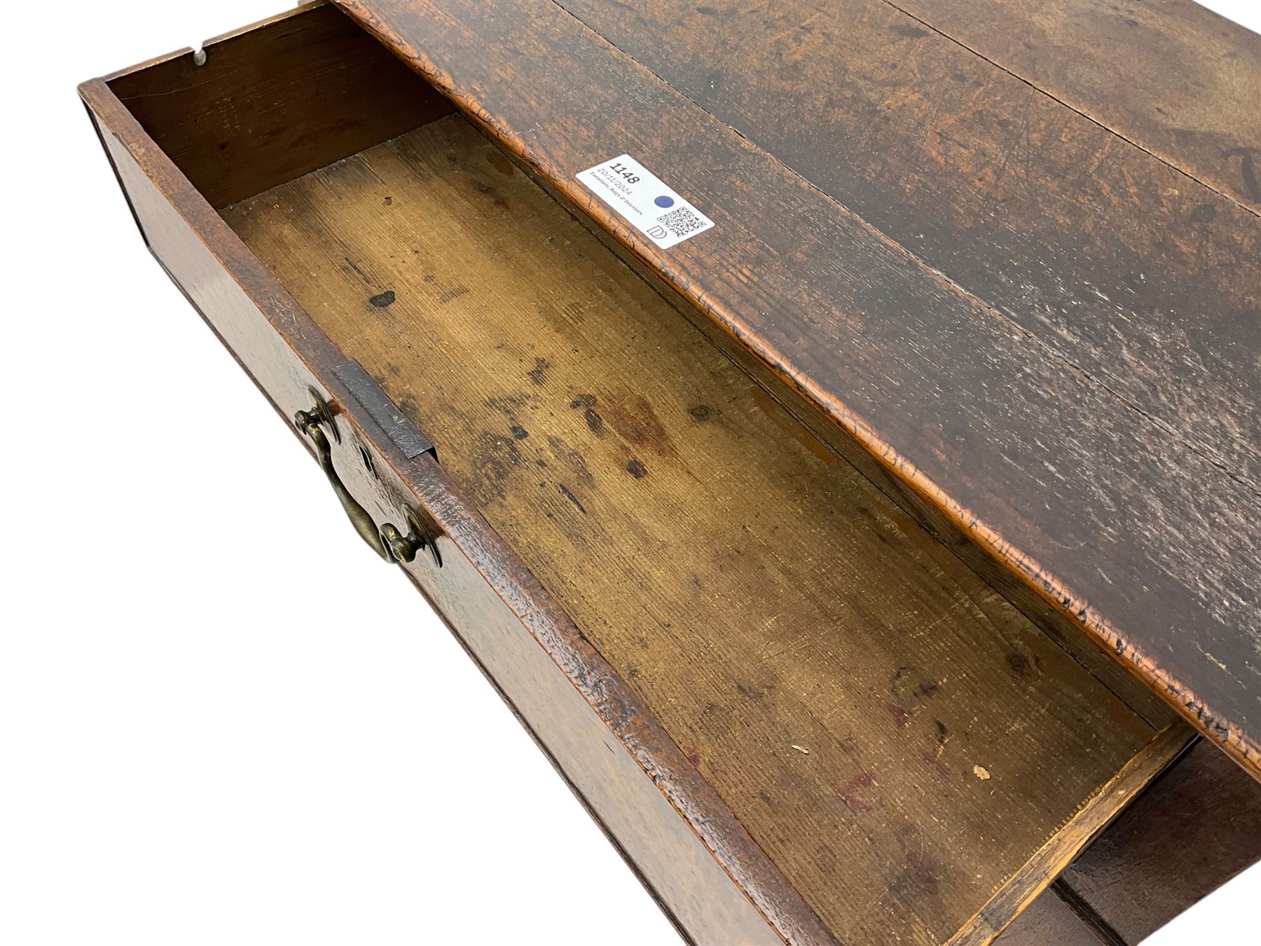 19th century oak side table, rectangular top over single cock-beaded drawers, on square tapering supports with fretwork corner brackets 