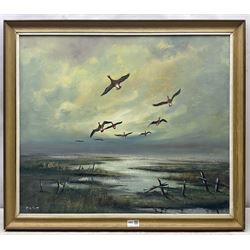 After Sir Peter Markham Scott (British 1909-1989): 'Whitefronts at Holbeach,', oil on board signed 'R J Scott', titled verso 60cm x 70cm