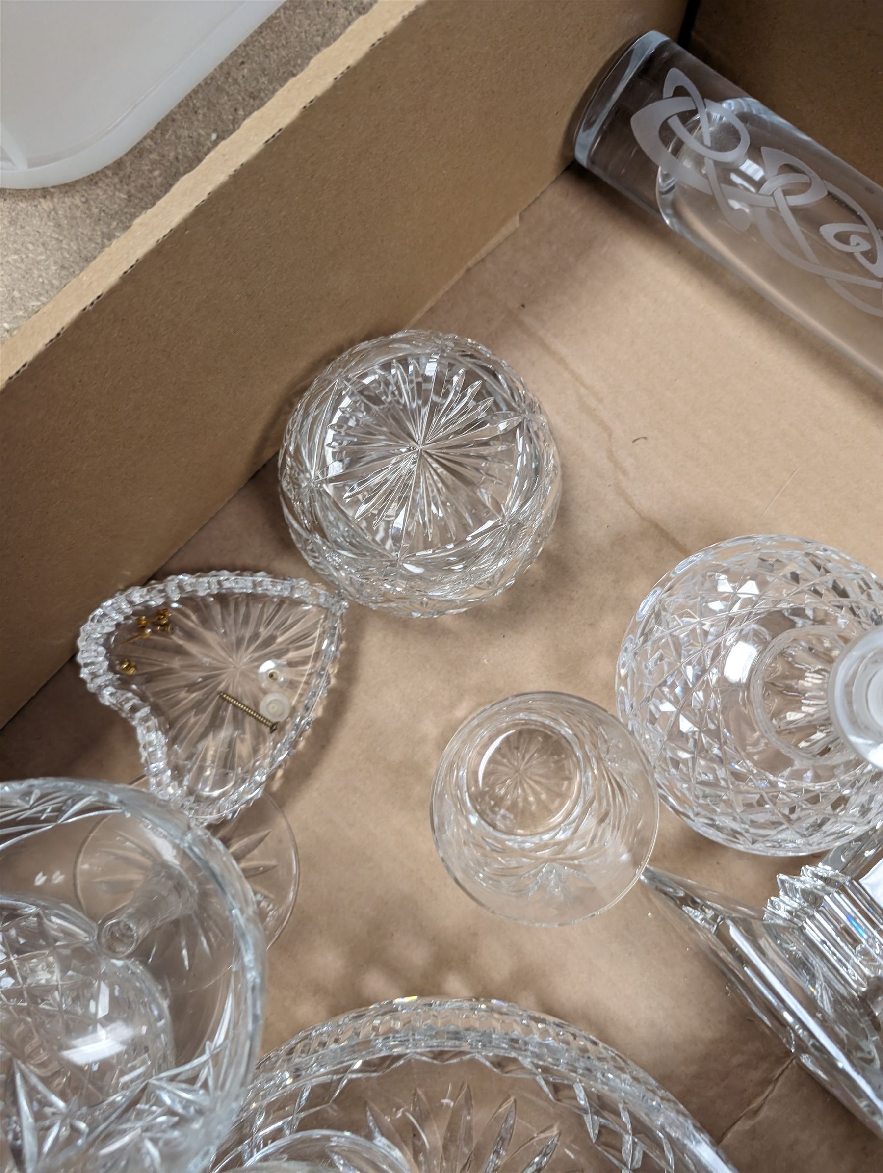 Collection of crystal and cut glass, including bowl, candlesticks, glasses, etc by Waterford, Stuart, etc