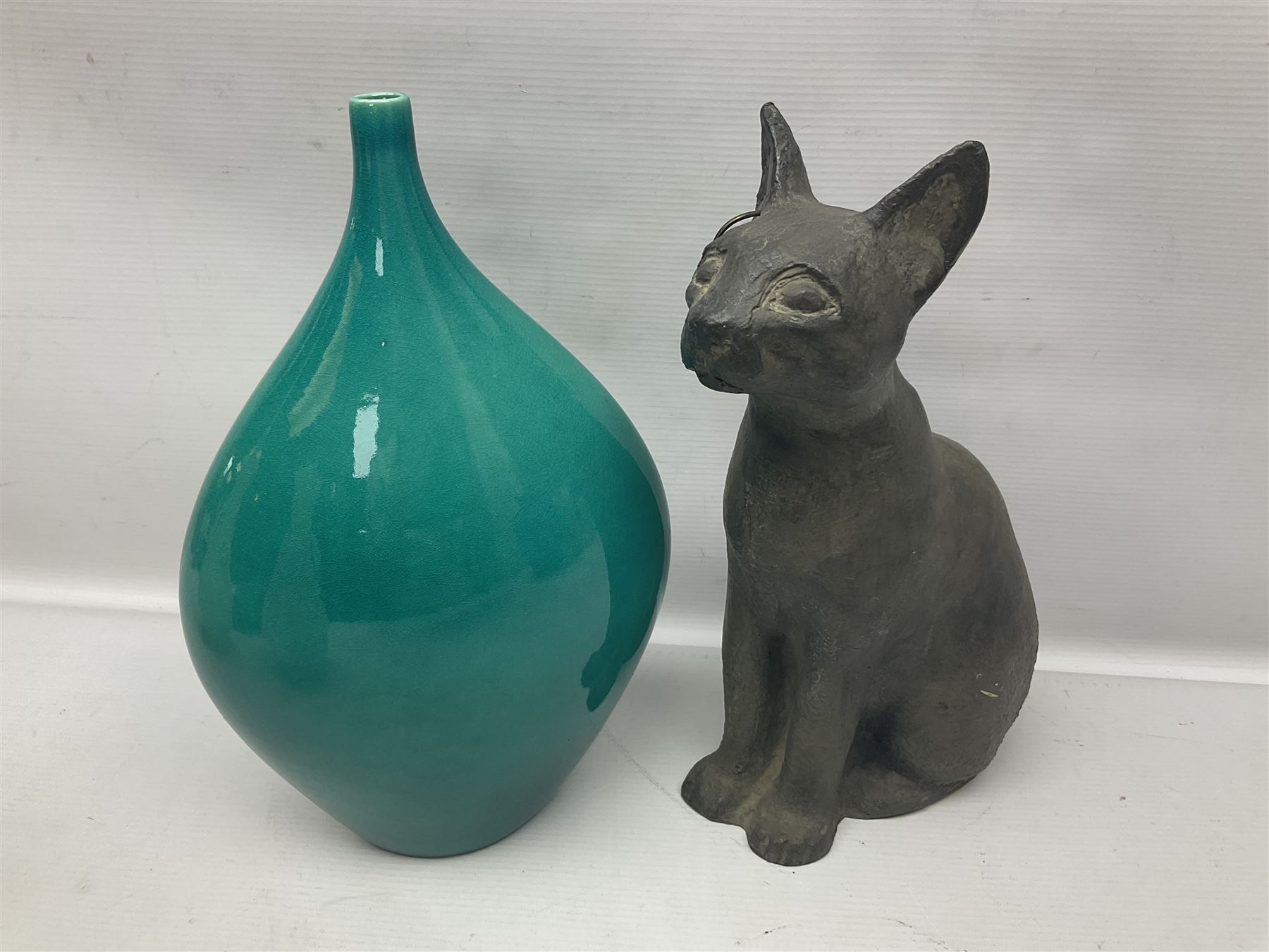 Studio pottery, to include set of four goblets, squat vase and large vase decorated with birds amongst leaves, together with pair of twin handled vases with grape decoration, cat figure, etc, large vase H28cm