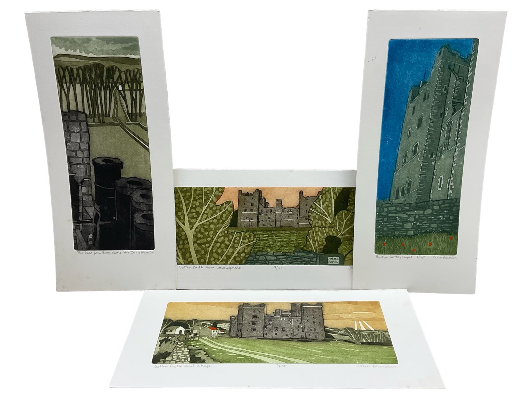 John Brunsdon ARCA (British 1933-2014): Views of Bolton Castle - Wensleydale, set four coloured etchings with aquatint signed titled and numbered in pencil 17cm x 37cm (4) (unframed)