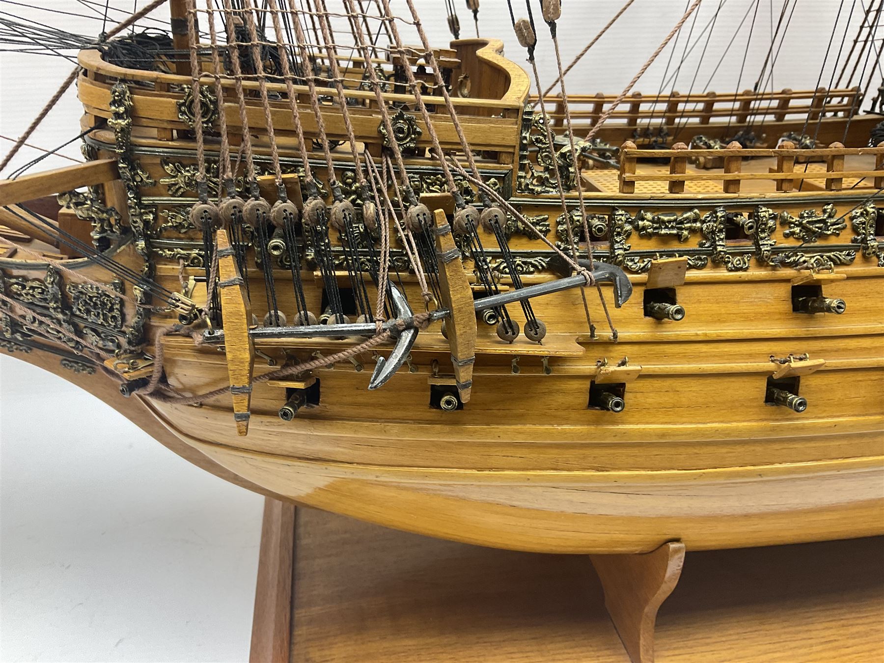 Large kit built scale model of 17th century Royal Navy warship 'HMS Sovereign of the Seas', upon wooden stand with engraved name plaque, H91cm, W111cm