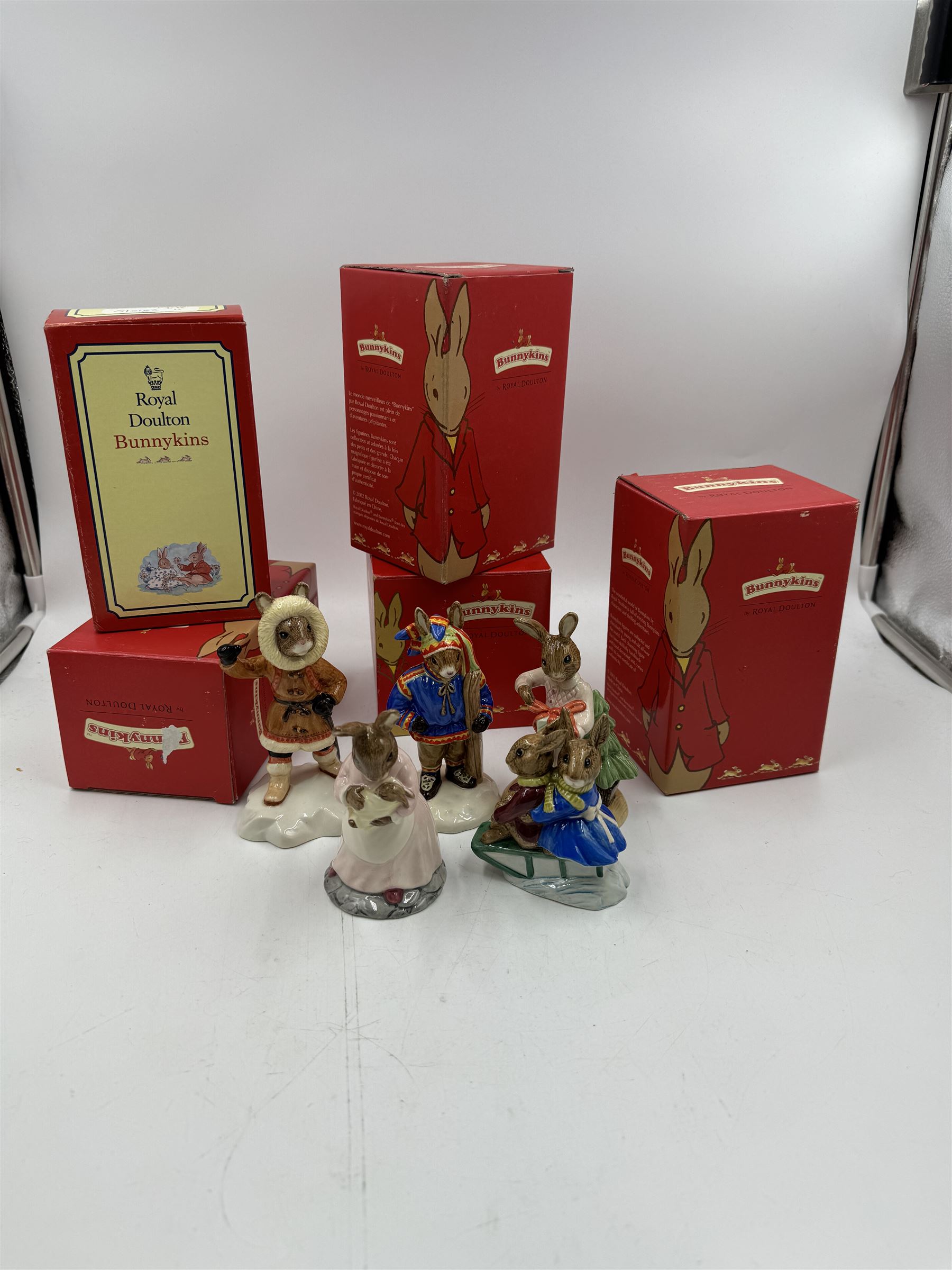 Five Royal Doulton Bunnykins figures, comprising Sleigh Ride, Eskimo, Winter Lapland, Christmas Morning, Mother and Baby, five boxes 