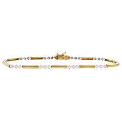 9ct gold round brilliant cut diamond bracelet, ten white gold links, each set with three diamonds, spaced by yellow gold bar links, hallmarked